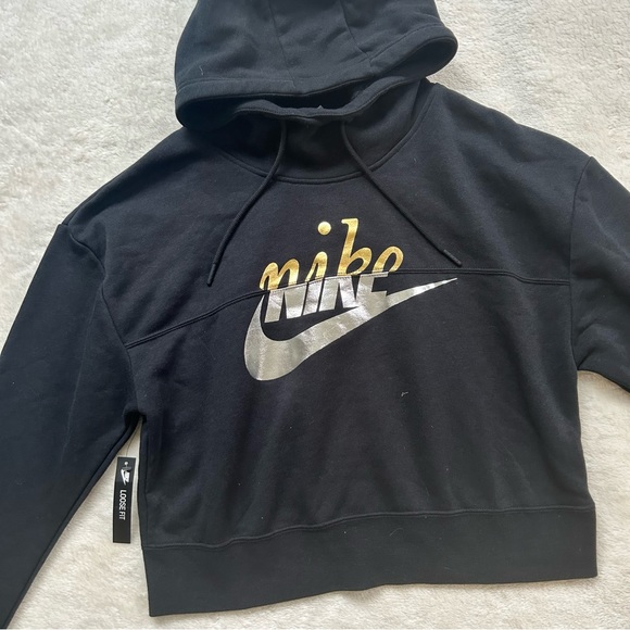 NWT Nike Relaxed Fit Crop Front Signature Hooded Sweatshirt Black XS - Picture 3 of 8